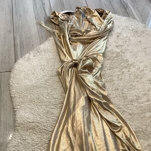 Abyss By Abby Gold Metallic Cowl Neck Evening Gown